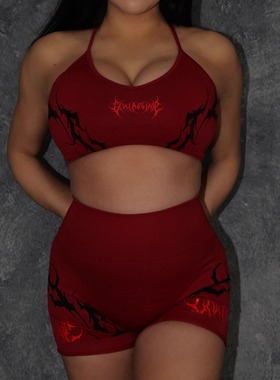TTWOLVES红色哥特梵文字母女士无缝针织健身运动文胸高腰短裤A56