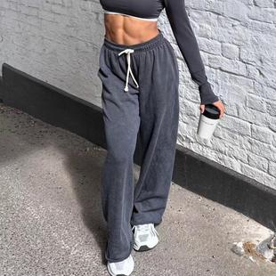 轻薄垂感TTWOLVES全棉水洗300g全棉女士健身运动阔腿直筒卫裤 E10