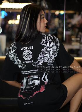 超酷！TTWOLVES狼头定织定染长绒棉水洗健身男女同款运动T恤D442