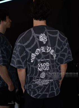 TTWOLVES狼头蜘蛛网定织垂感全棉水洗男女同款健身运动短袖D422