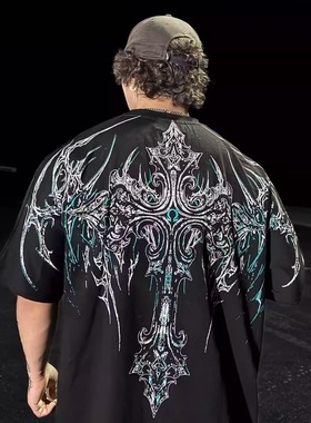 超大版型TTWOLVES男女同款轻薄哥特风水洗宽松运动健身短袖T恤D55