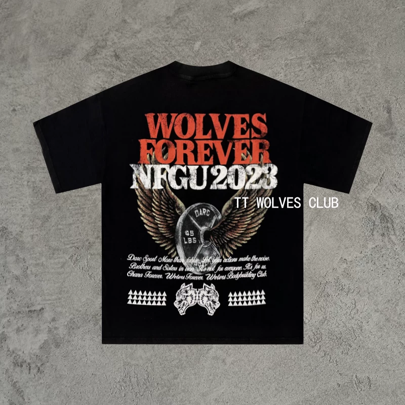 TT Wolves exclusive! Wolf head retro sand washing, old loose sports, casual breathable sports short-sleeved D91