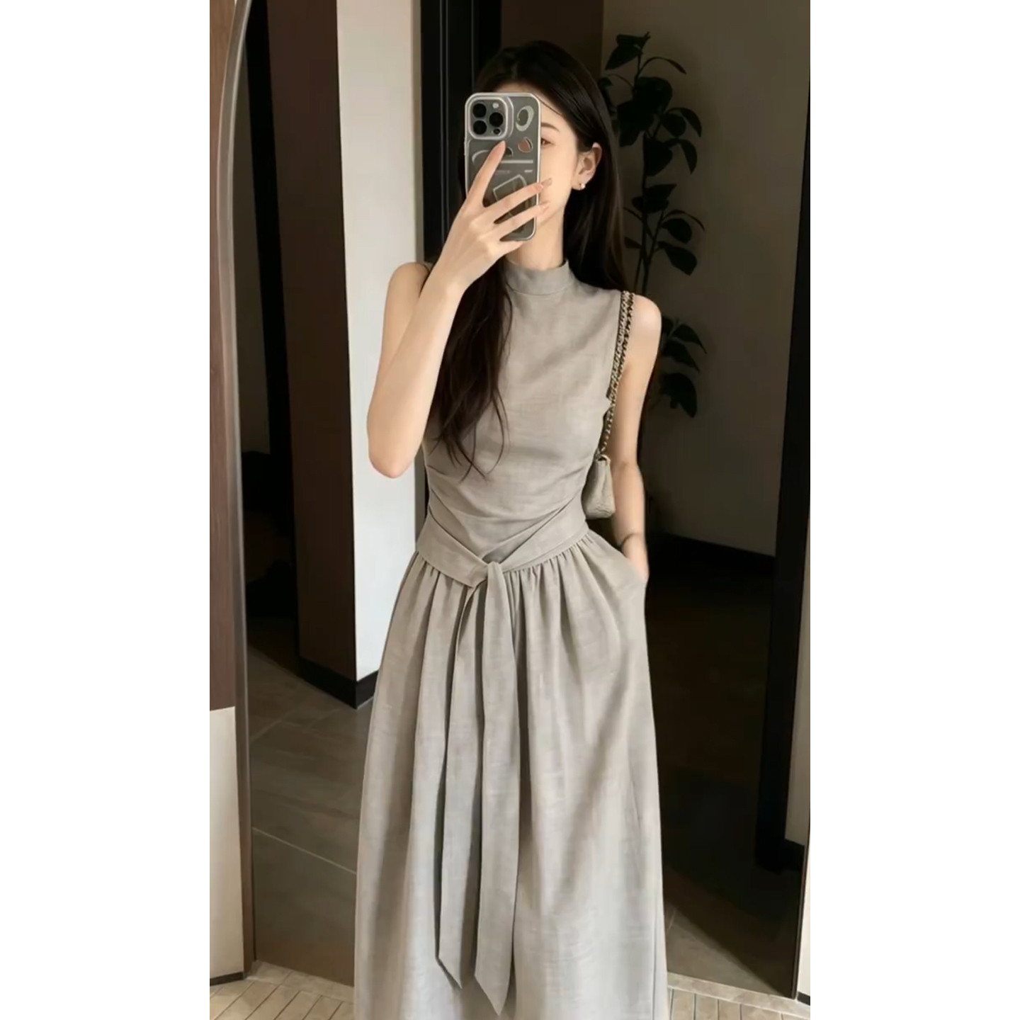 韩系老钱风无袖背心洋装子女夏季高级感度假风气质收腰亚麻长裙