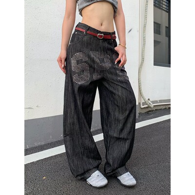 Easepure美式复古迷彩工装牛仔裤男女宽松直筒阔腿拖地情侣裤潮