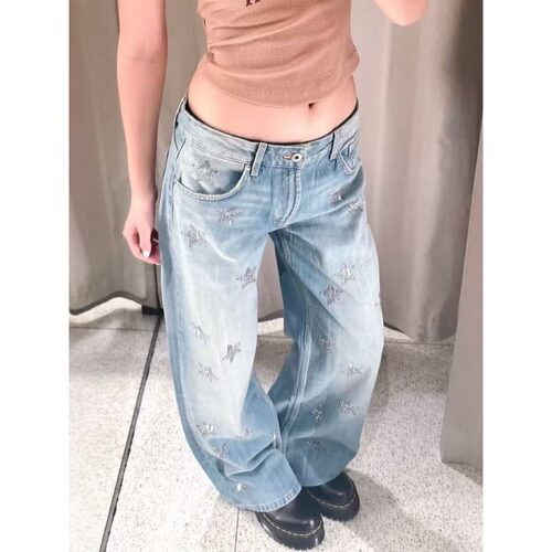 设计师款烫钻牛仔裤男休闲2026春季浅色裤子破洞乞丐痞帅宽松阔腿