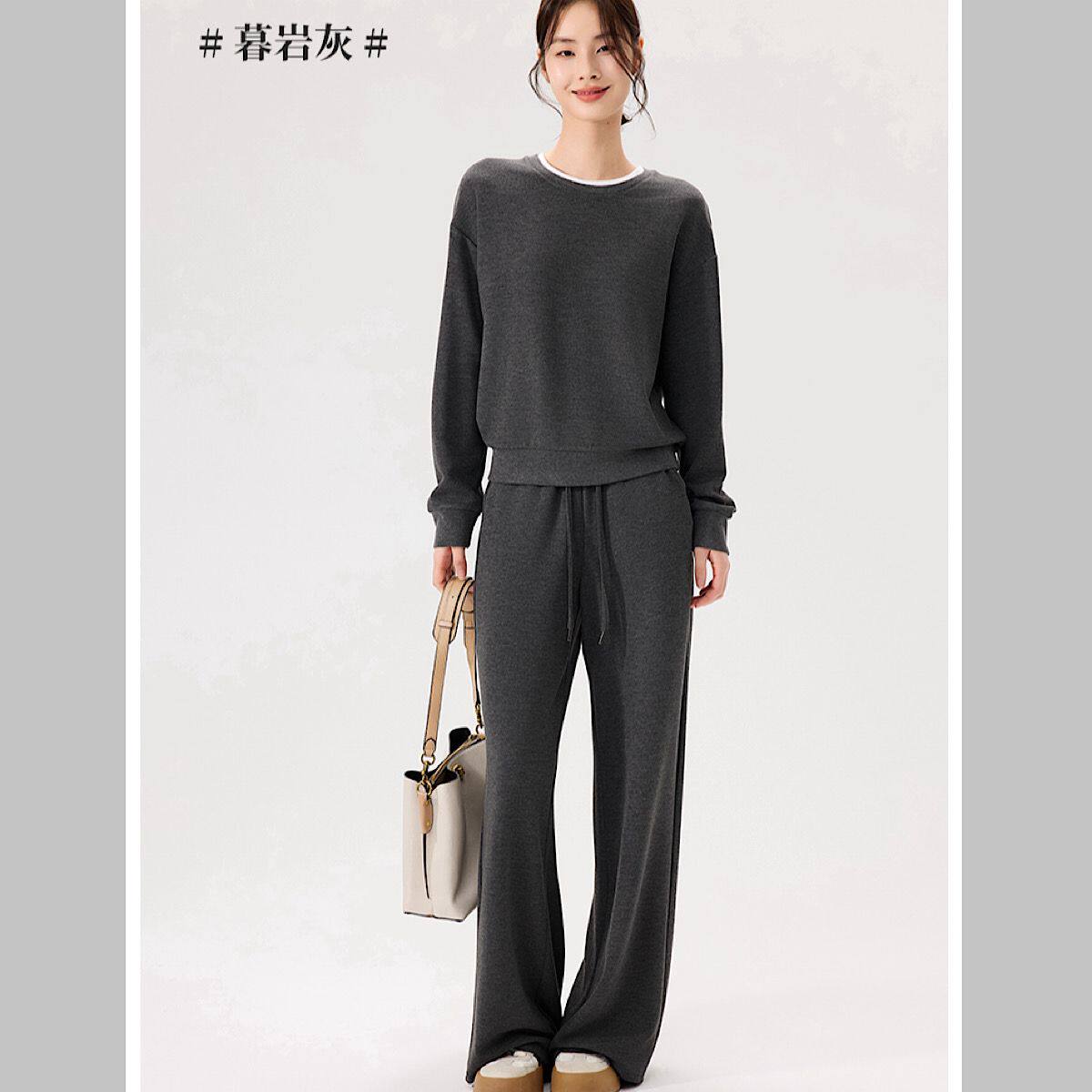 卡茜宝套装双层领拼色假两件套2025秋季新款粗针织长袖卫衣直筒裤