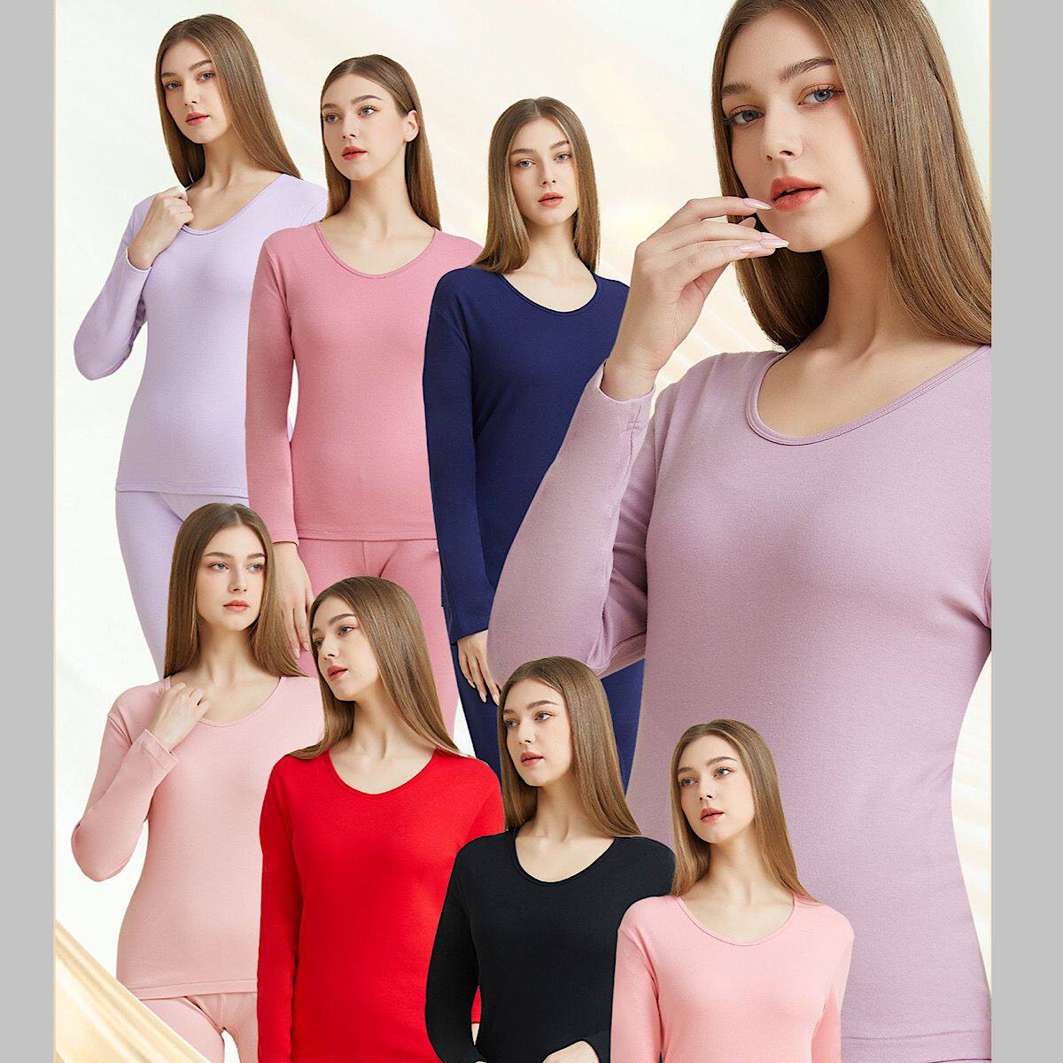 亮莊女纯棉纯色内衣套装秋衣秋裤保暖紧身大红打底衫线衣衬裤冬季