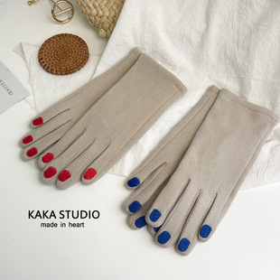 ins日单刺绣指甲油毛呢羊绒分指手套韩国创意保暖骑车加绒手套女