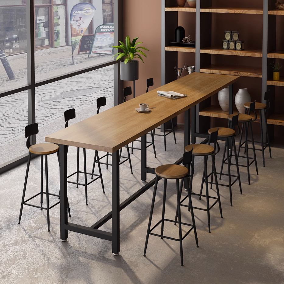现代简约奶茶店咖啡厅吧台桌椅长条吧台桌实木休闲吧桌高脚椅组合
