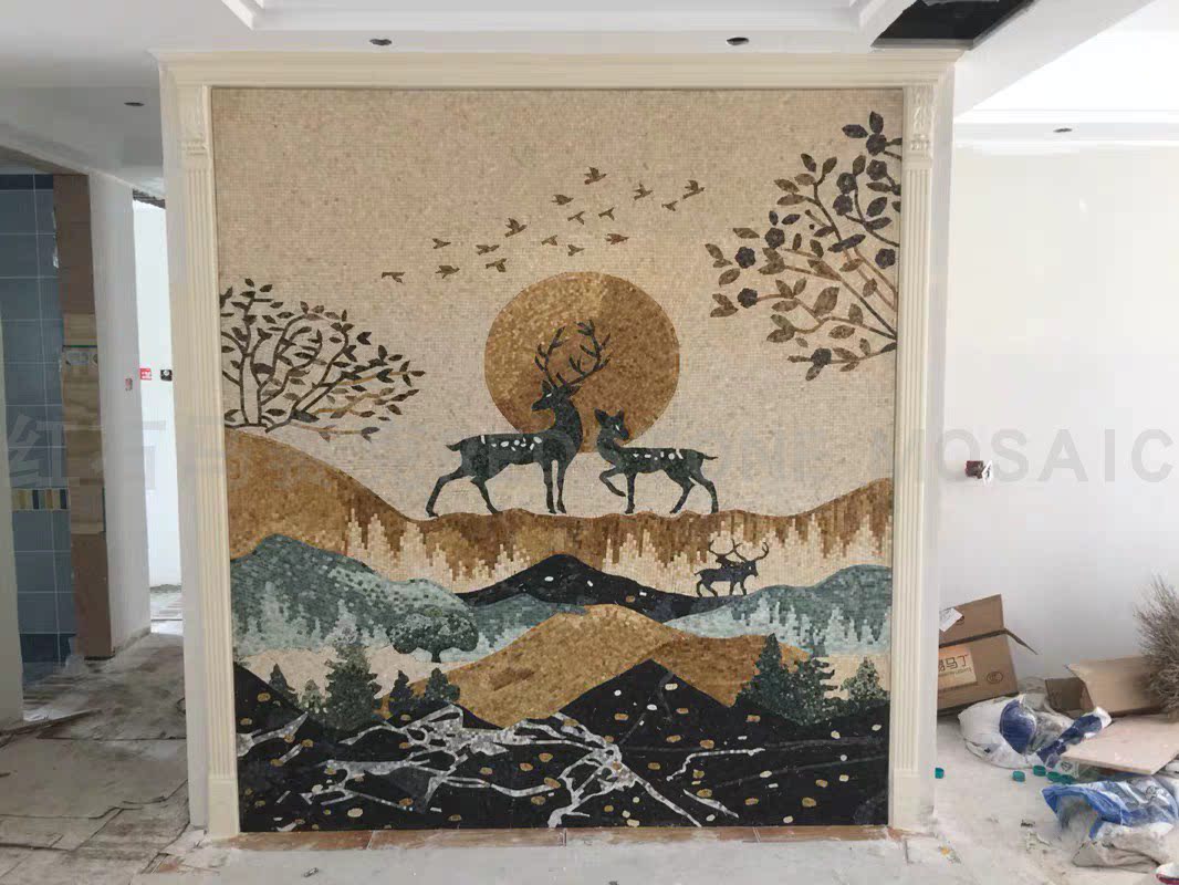 天然大理石材马赛克拼图 手工剪画 玄关阳台背景墙装饰 双鹿逐月