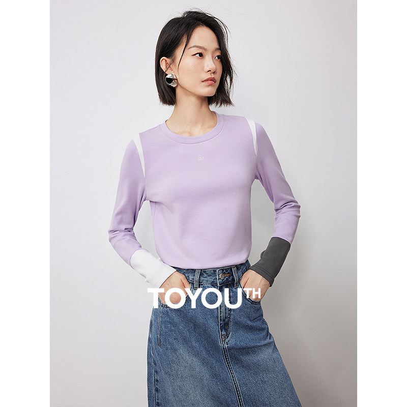 TOYOUTH初语小众设计感撞色拼接T恤女2024年秋季新款圆领打底上衣