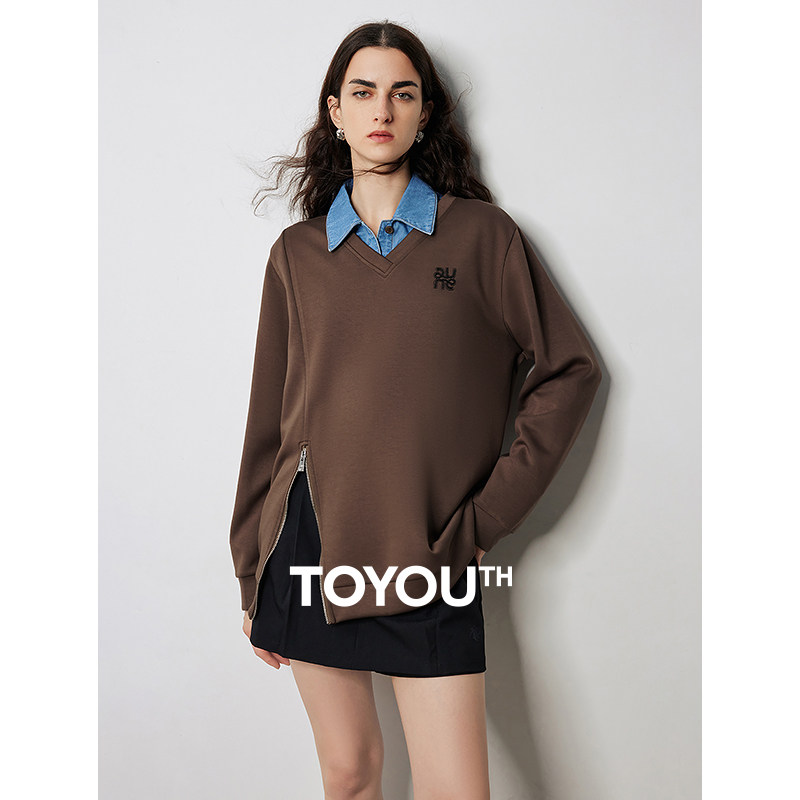 TOYOUTH初语拉链开叉设计卫衣女2024秋季新款字母刺绣空气层上衣
