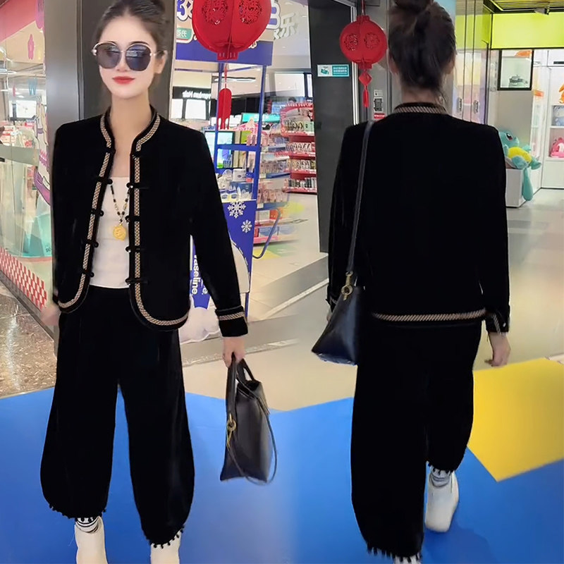 新中式国风丝绒套装女2026春新款盘扣开衫长袖上衣显瘦裤子两件套