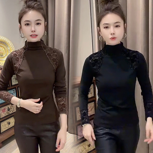 洋气百搭上衣 重工钉珠长袖 欧货时尚 蕾丝拼接半高领T恤女秋冬新款