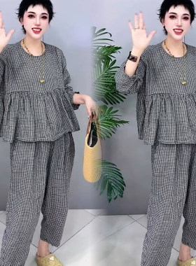 夏季格子荷叶边显瘦九分裤套装女