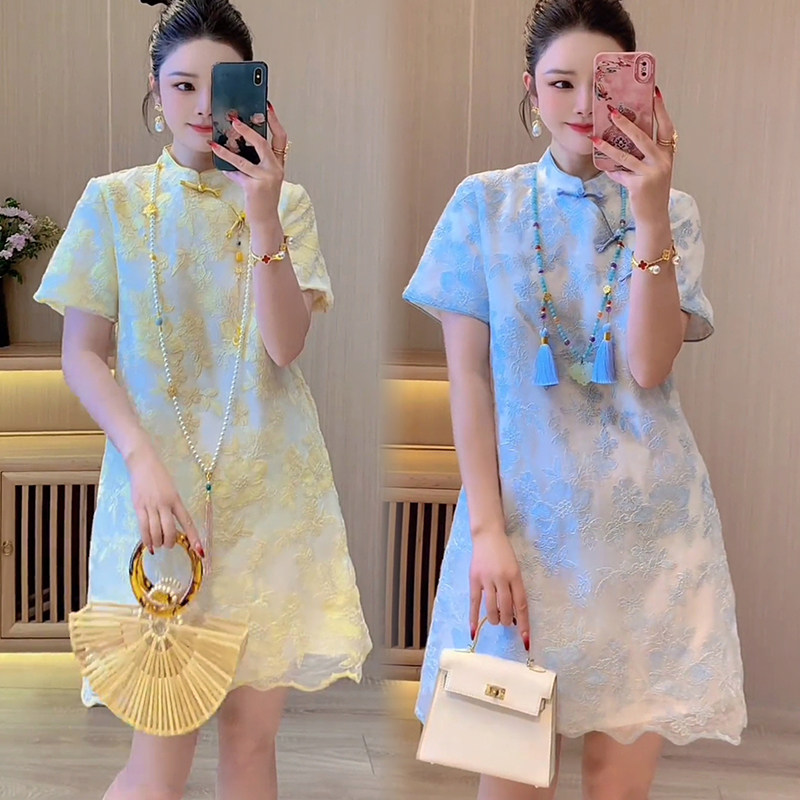 夏季新中式国风提花刺绣连衣裙女