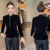 新中式 立领盘扣木耳边钉珠高级感上衣潮 新款 复古丝绒衬衫 女秋冬季