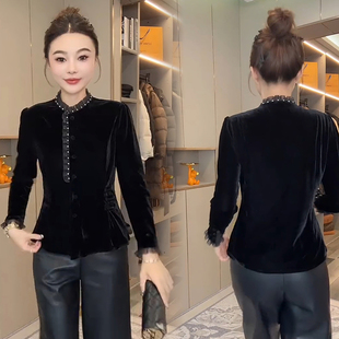 新中式复古丝绒衬衫女秋冬季新款立领盘扣木耳边钉珠高级感上衣潮