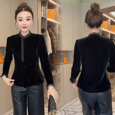 新中式复古丝绒衬衫女