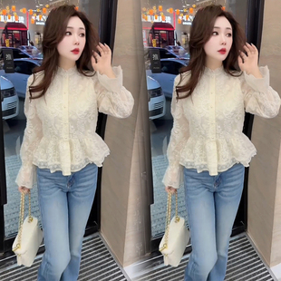 2026春季新款时尚荷叶边蕾丝镂空衬衫女气质百搭立领显白显瘦上衣