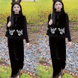 重工蝴蝶毛毛边马甲小衫 新款 半身裙潮 国风气质三件套女秋冬季 时尚