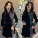 2023秋冬印花拼接长衫 改良旗袍新中式 斜盘扣立领国风复古丝绒小衫