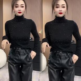 欧货气质半高领星空烫钻长袖T恤女2025春新款显瘦减龄打底衫上衣