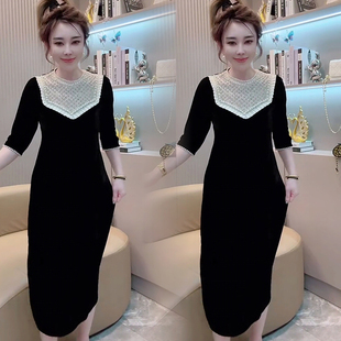 法式欧货丝绒连衣裙女秋季新款重工手工钉珠七分袖圆领收腰长裙潮