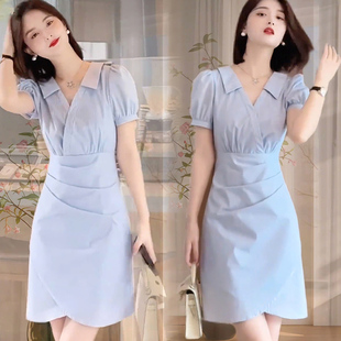 夏季新款浅蓝色POLO领短袖连衣裙女收腰显瘦V领气质通勤短款A字裙