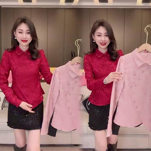 长袖国风衬衫缎面提花新中式开衫