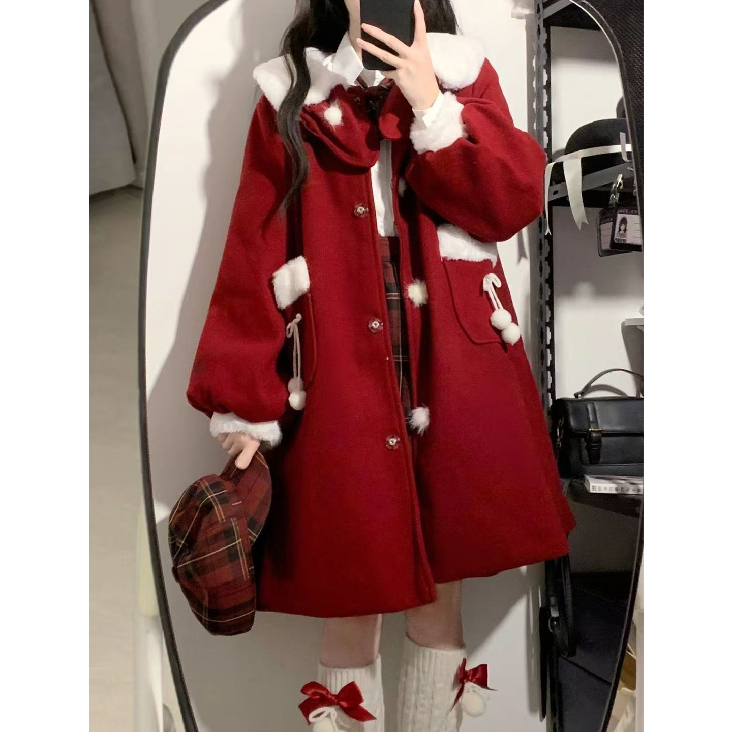 绛川毛呢大衣洛丽塔外套过年服红