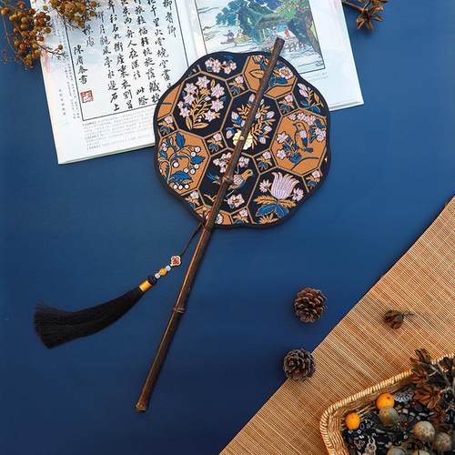 知喜古风折叠手工紫竹腰扇