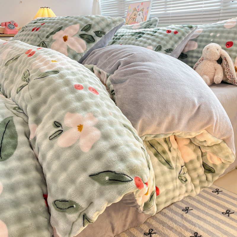 冬季加厚兔毛绒床上四件套珊瑚牛奶绒面被套床单笠床品三件套被罩