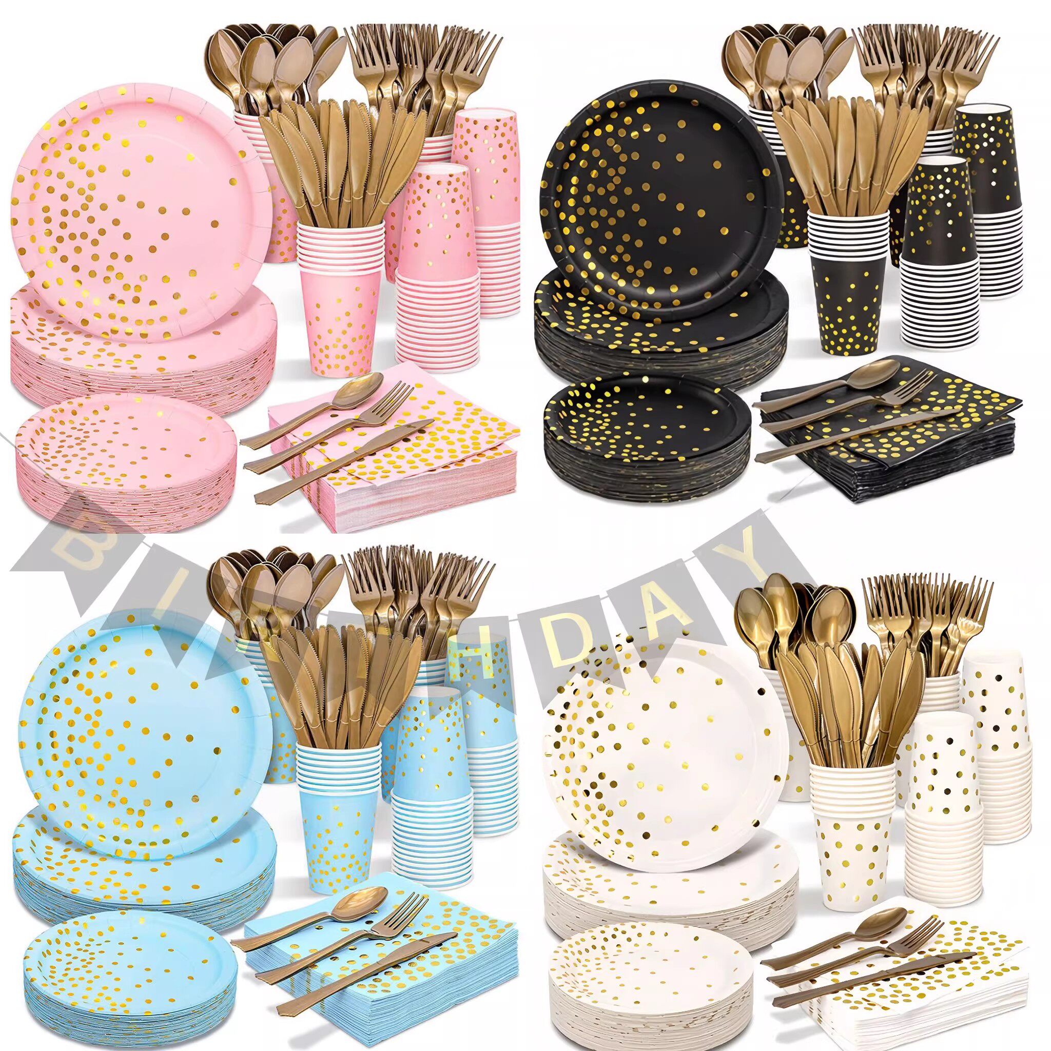 纸质一次性环保餐具套装烫金彩色派对系列宴会杯餐巾纸刀叉勺纸盘