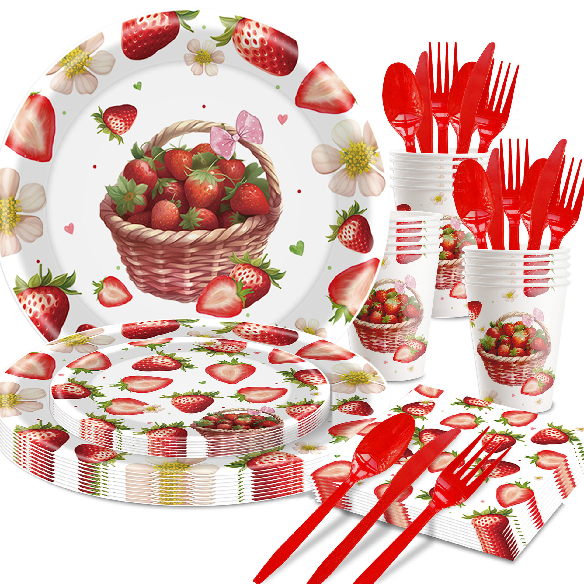 跨境新款草莓主题一次性餐具聚餐生日派对氛围感装饰纸杯纸盘套装,餐饮具,可降解餐具/环保餐具,淘宝优惠券,粉丝福利购,淘宝优惠卷