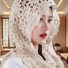春夏季镂空花朵优雅围巾一体包头帽时尚披肩女士薄款复古风针织帽