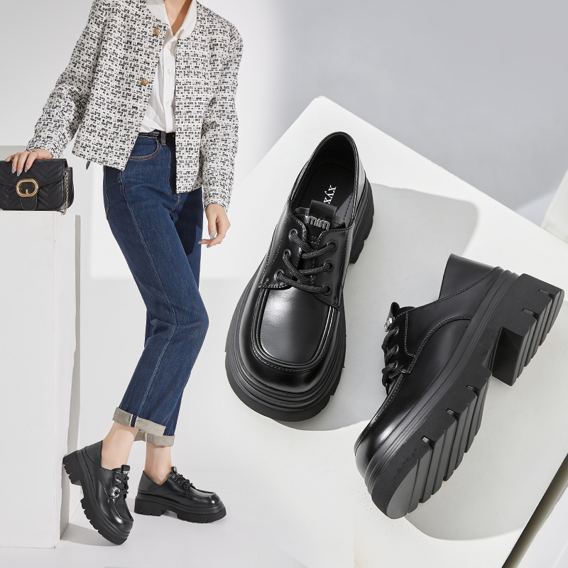 香香莉2024秋新款圆头英伦风厚底复古小皮鞋百搭黑色粗跟女鞋7295