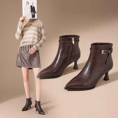 香香莉软皮细跟短靴女2025年冬季新款加绒高跟时装靴显脚瘦032250