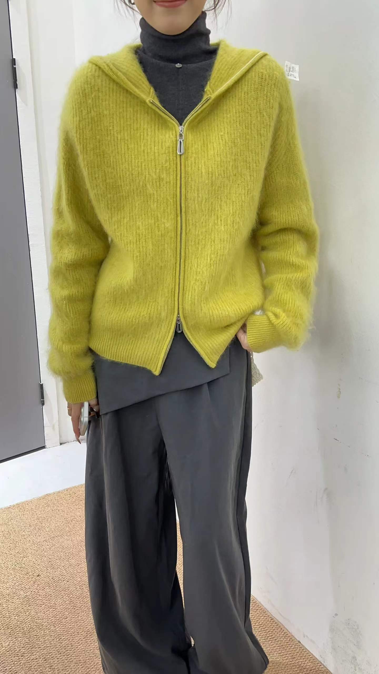2026秋冬新款连帽拉链开衫外套女宽松慵懒风毛衣针织衫上衣