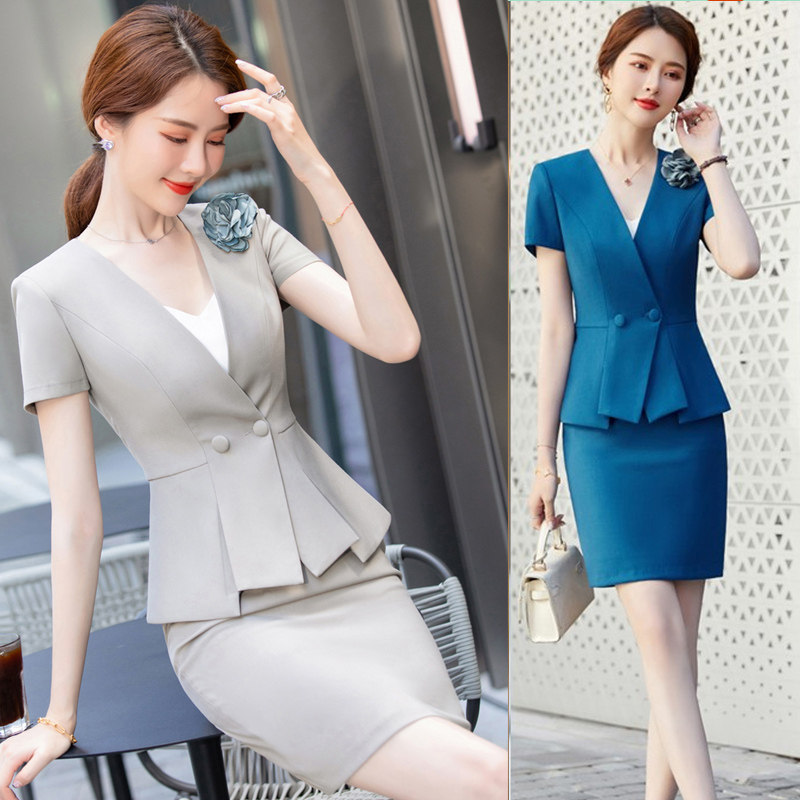 高端职业套装裙夏女西装名缓气质美容院店长正装珠宝店工作服无领