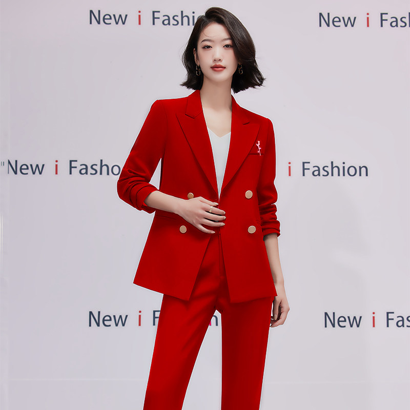 红色西装套装女春夏新款休闲职业装气质双排扣正装工作服西服外套