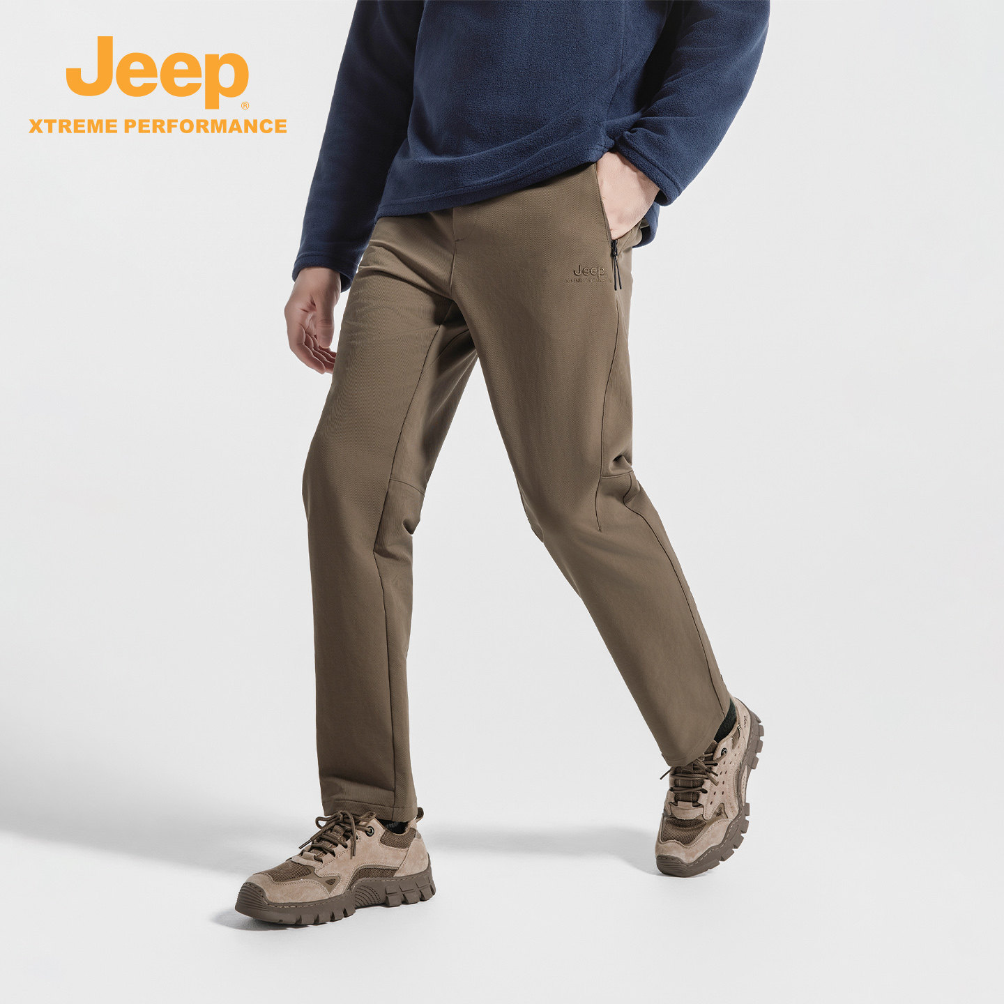 Jeep/吉普男士软壳裤防泼水休闲加绒直筒长裤户外登山冲锋裤秋冬