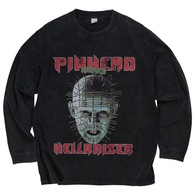 newvintage美式复古水洗长袖t恤280g做旧钉子头印花圆领宽松潮牌