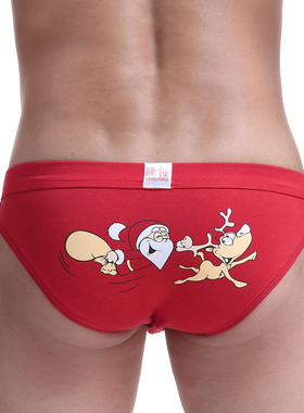 特价清仓男士三角裤红色男士性感透气U凸三角内裤棉印花圣诞裤衩