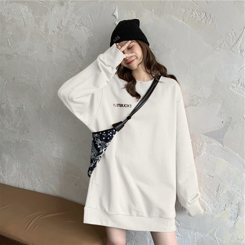 纯棉加绒中长款圆领卫衣大版宽松