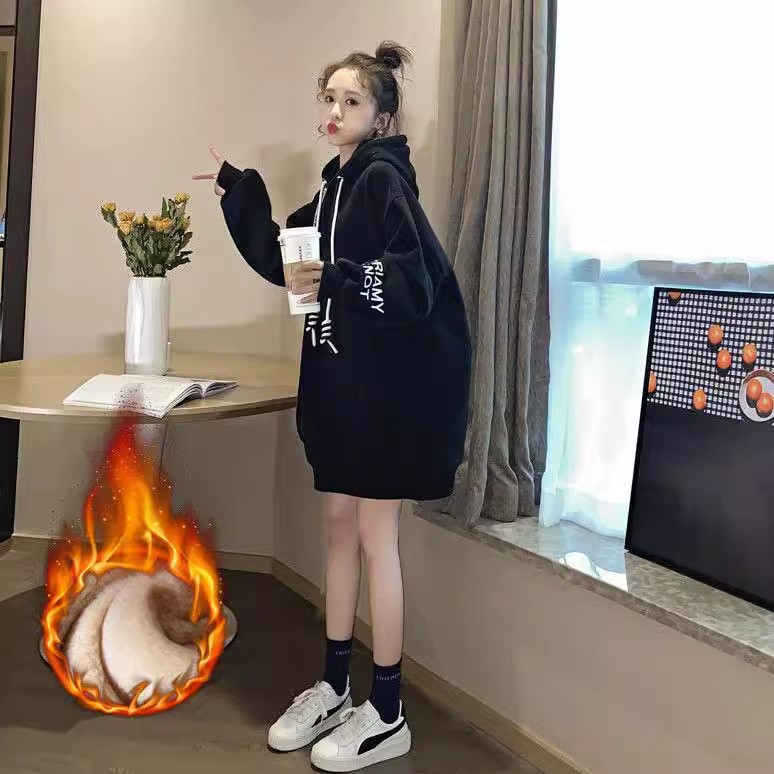 加绒加厚中长款大版卫衣连帽宽松