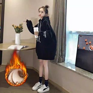 加绒加厚中长款遮屁股臀连帽大版卫衣女款春秋冬大码胖mm显瘦宽松