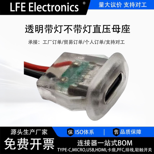 Type-C 2P注胶直压式母座透明带线台灯电动汽车椭圆充电口改装diy