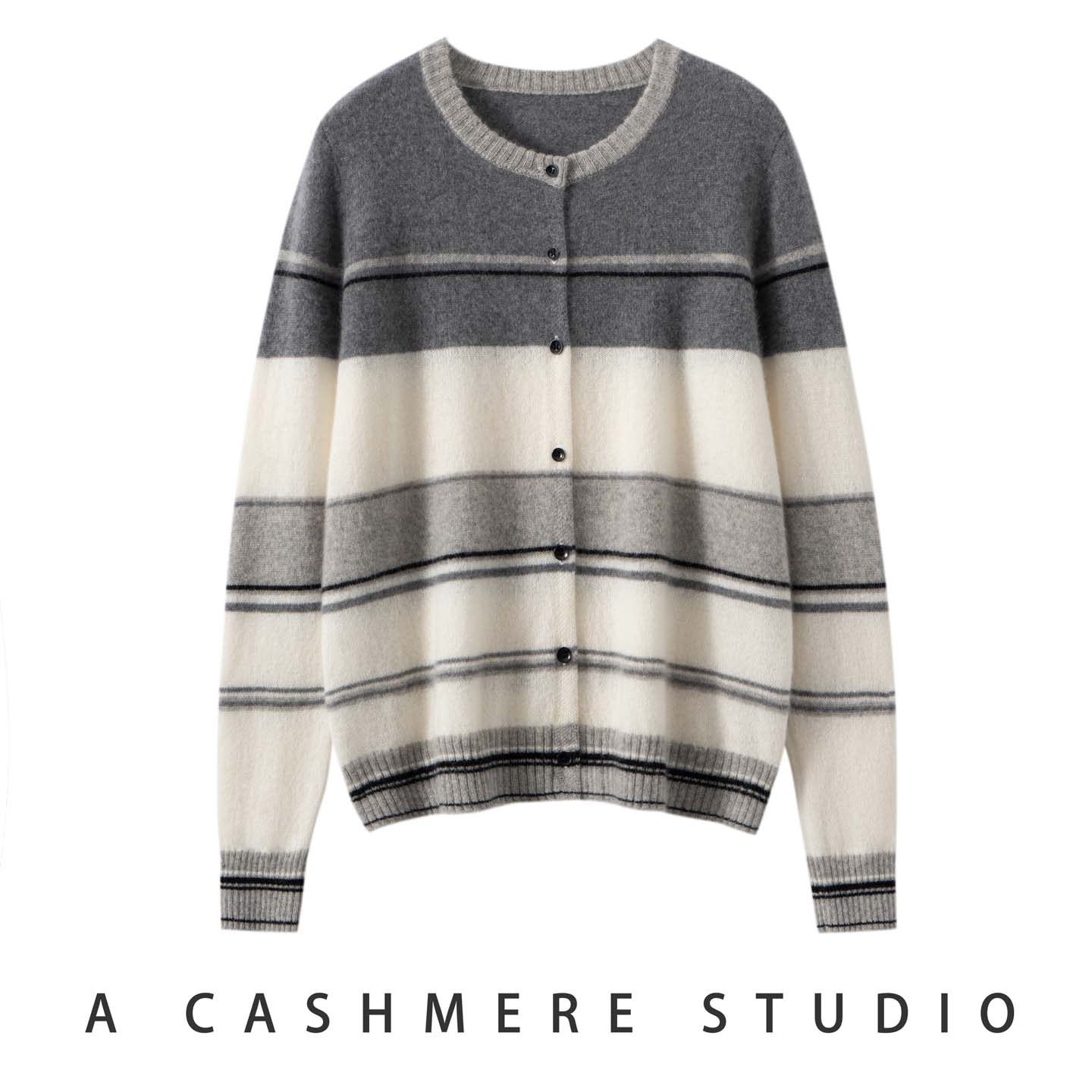 2025秋冬新款100%纯山羊绒衫女圆领条纹针织开衫宽松毛衣外套上衣,女装/女士精品,羊绒衫,淘宝优惠券,粉丝福利购,淘宝优惠卷