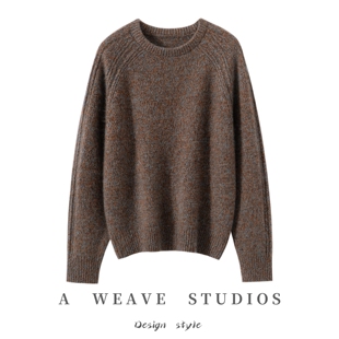 秋冬新款 75%山羊绒25%桑蚕丝圆领花纱加厚慵懒风宽松插肩针织毛衣